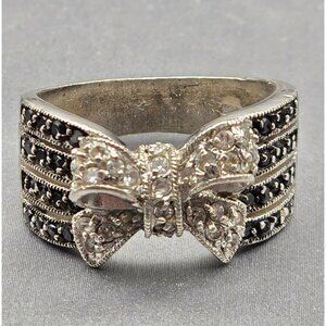 VTG Sterling Silver Marcasite & Clear Gemstone Bow Ring Size 9 Wide Band 8.03g